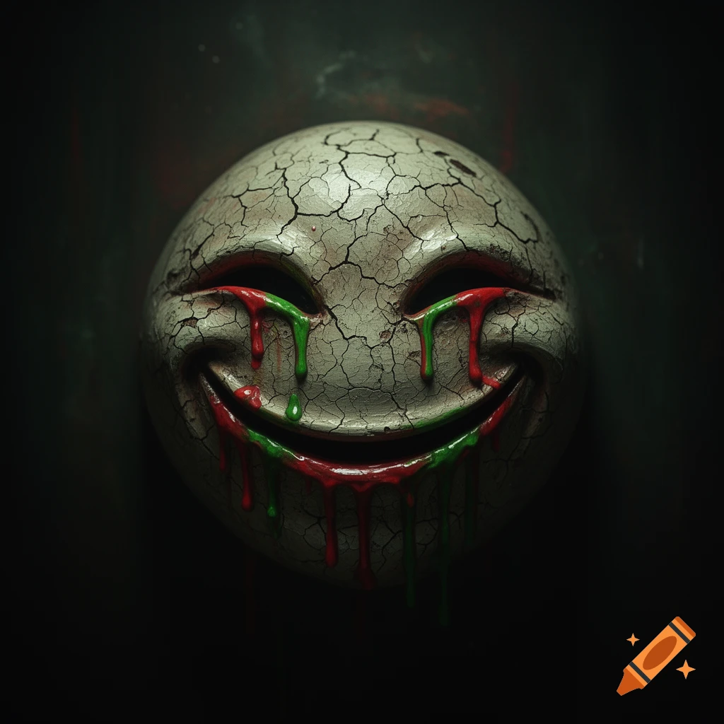 A cracked, white, creepy smiley face with red and green paint dripping from its eyes and mouth, against a dark background.