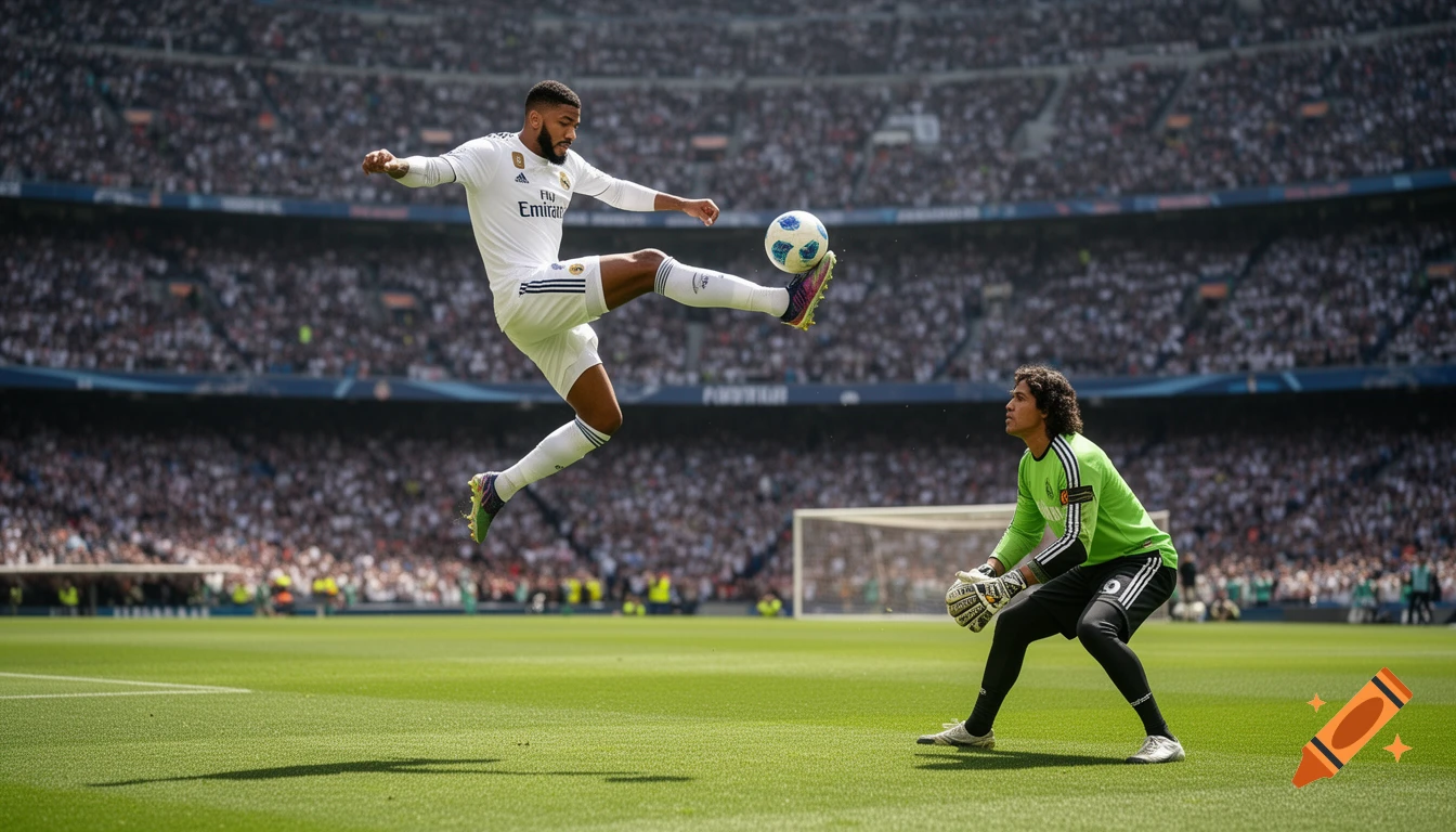 A soccer player in white performs an aerial kick during a match, a goalkeeper in green watches, in a stadium full of fans.