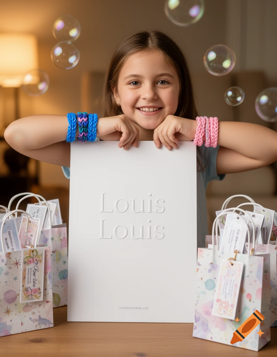 A smiling young girl holding a white board that says "Louis Louis," surrounded by gift bags and floating bubbles. She wears colorful loom band bracelets.