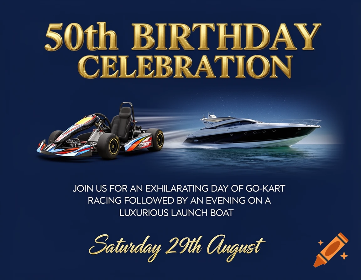 A 50th birthday invitation with a go-kart and a yacht on a dark blue background.