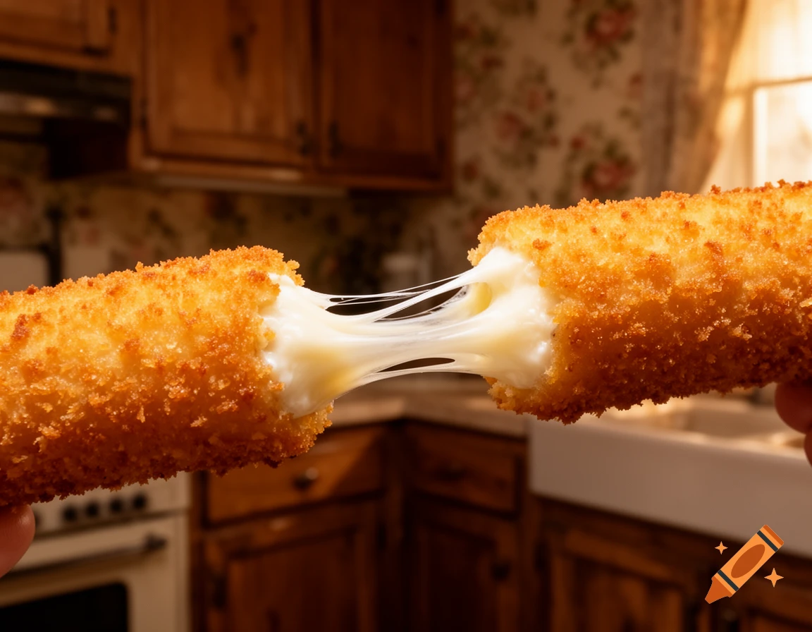 A golden-brown mozzarella stick is pulled apart, revealing gooey, stringy melted cheese inside, with a cozy vintage kitchen in the blurred background.