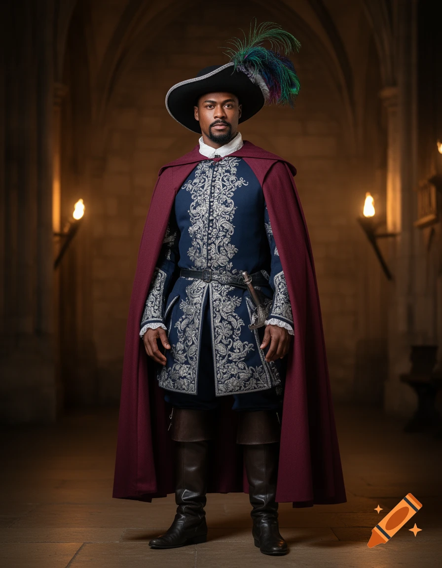 A man in a rich blue and silver embroidered musketeer uniform, maroon cape, and feathered hat stands in a dimly lit stone hall.