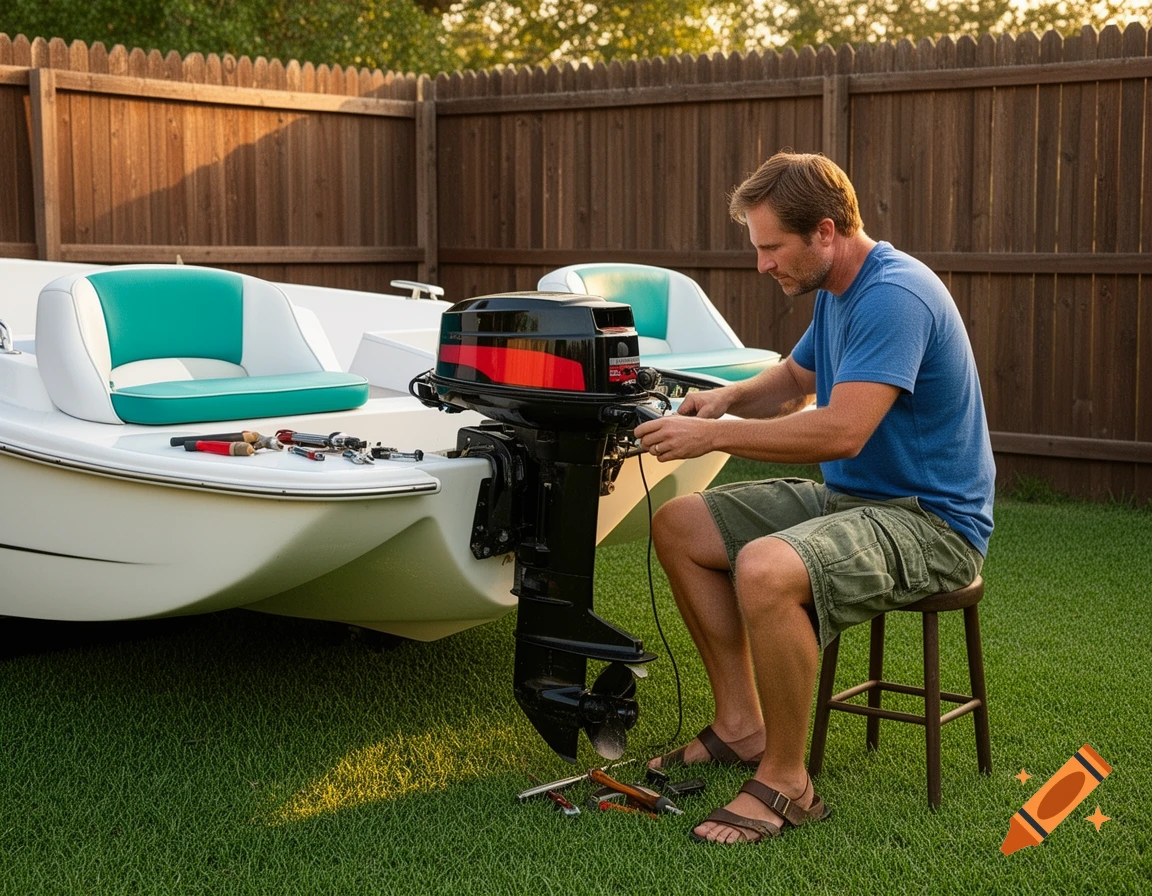 A man in a blue t-shirt and cargo shorts works on a boat motor in his grassy backyard.