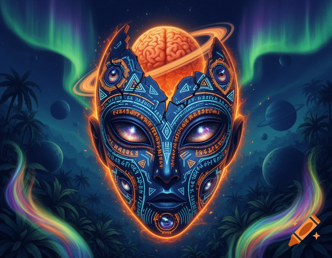 A psychedelic, alien tribal mask with intricate glowing glyphs, numerous eyes, and a fractured top revealing a brain that is a ringed planet. Northern lights, planets, and jungle vegetation are in the background.