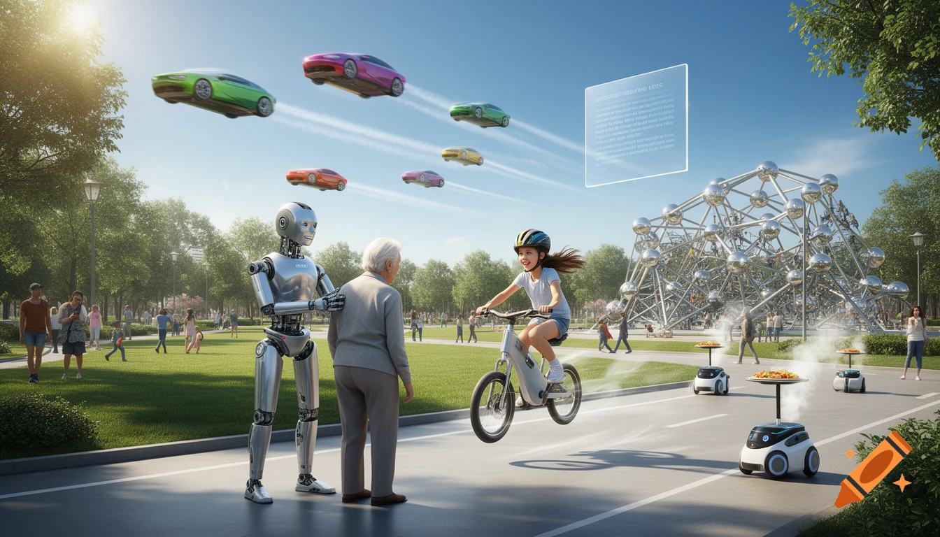 A futuristic park with a robot helping an elderly person, flying cars, a girl on a flying bike, food delivery robots, and a high-tech play structure under a sunny sky.