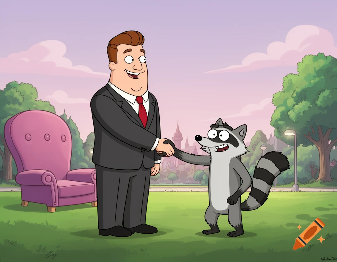 Cartoon man in suit shaking hands with a raccoon character in a park with a pink armchair.