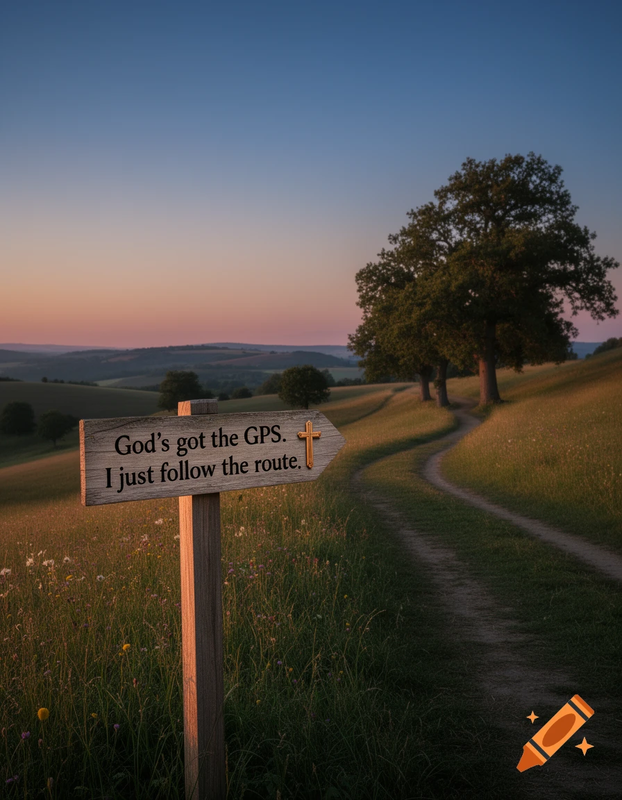 A wooden sign on a path in a golden field at sunset reads 'God's got the GPS. I just follow the route.'
