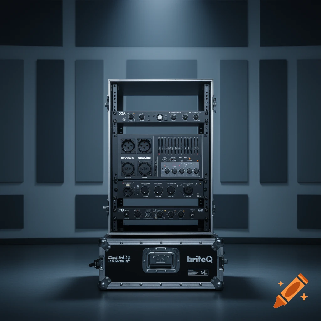 A professional audio equipment rack filled with various electronic components, including units from BriteQ and Stairville, set against a dark wall.