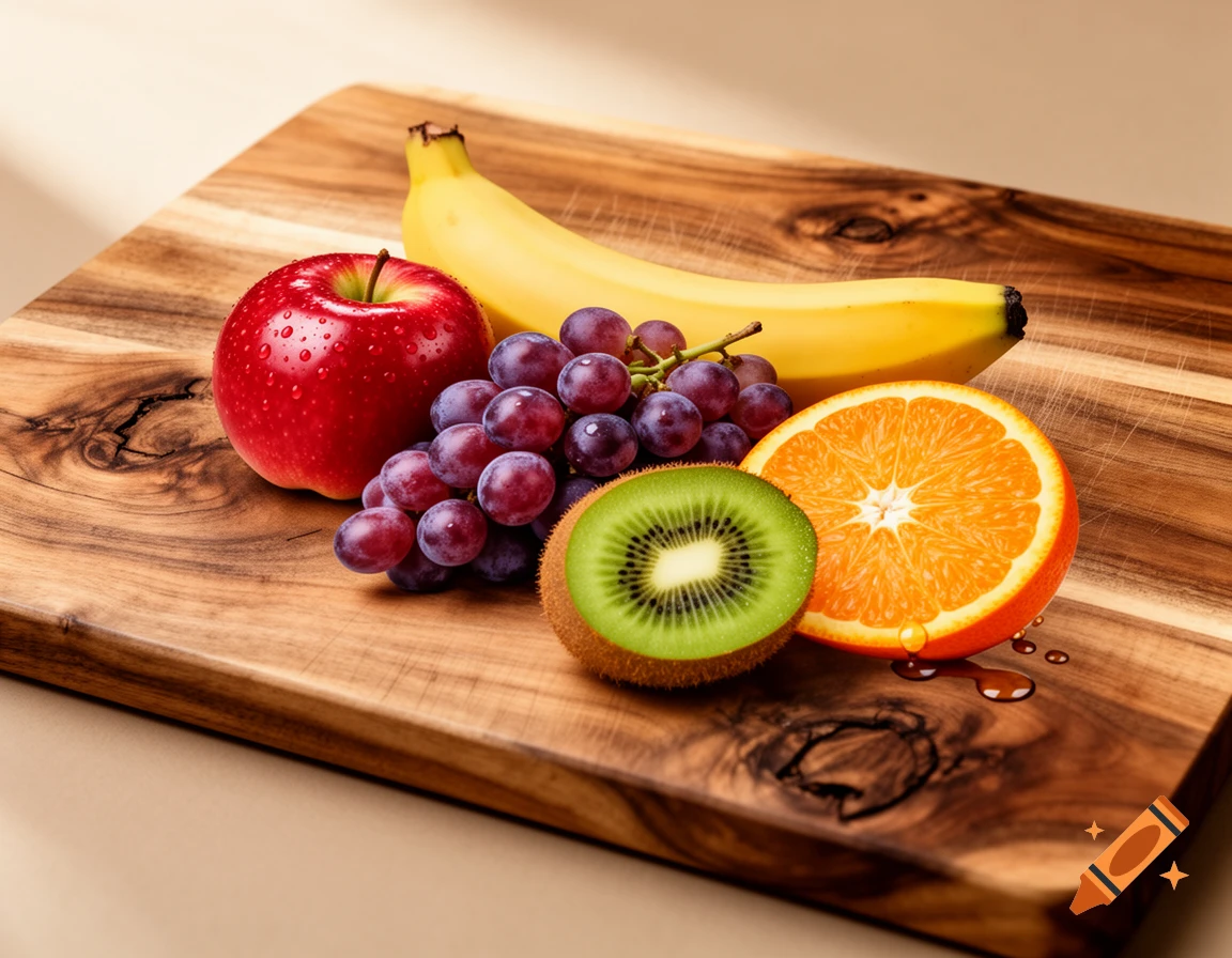 Photorealistic still life of a red apple, grapes, banana, sliced kiwi, and orange half on a wooden cutting board.