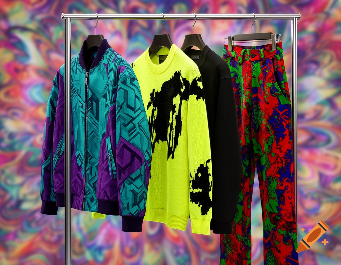 Stylish clothes on a rack: a teal and purple bomber jacket, a neon yellow sweater, a black top, and vibrant patterned pants, against a colorful abstract background.