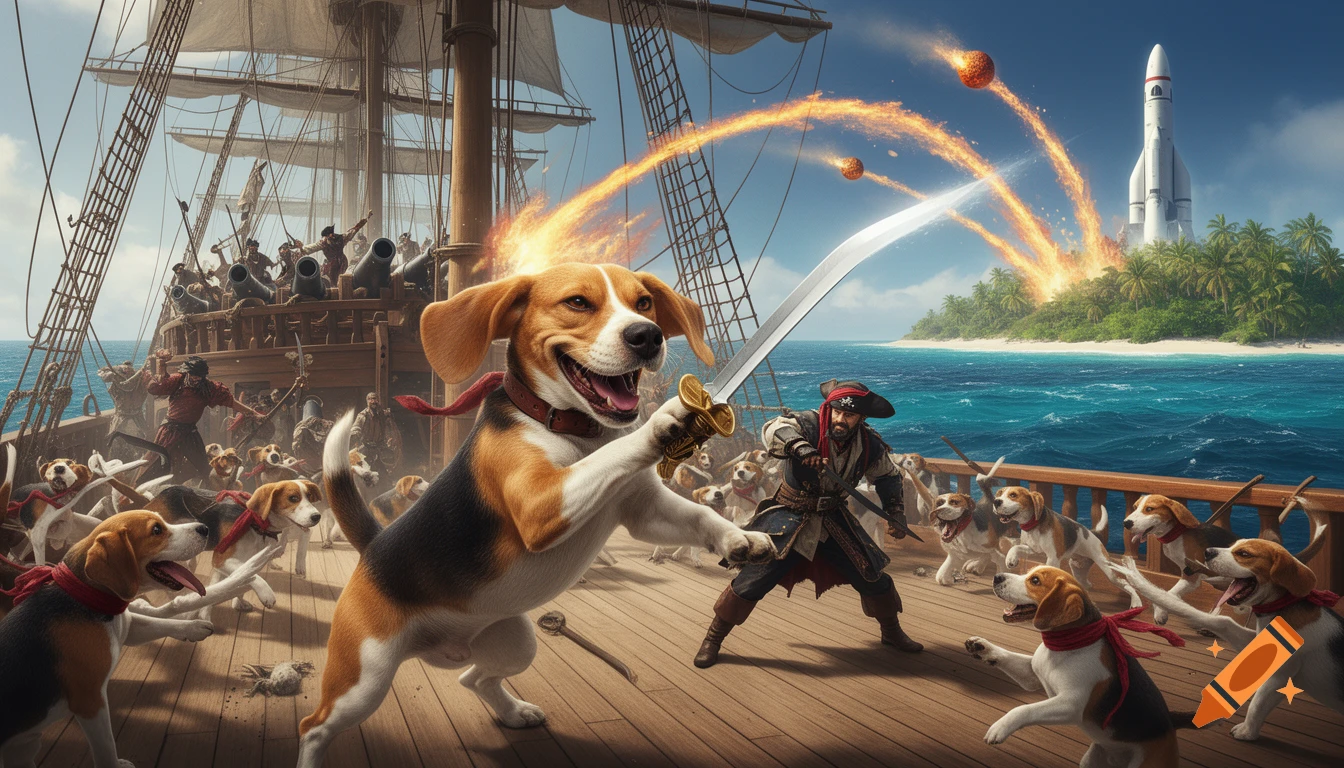 A huge, smiling beagle in a red scarf fights a pirate with a sword on a pirate ship amid a battle, with a rocket launching from a tropical island.