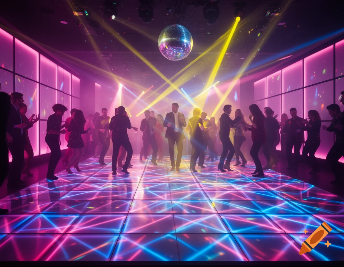 People dancing on a glowing, colorful disco floor under a disco ball and bright lights.