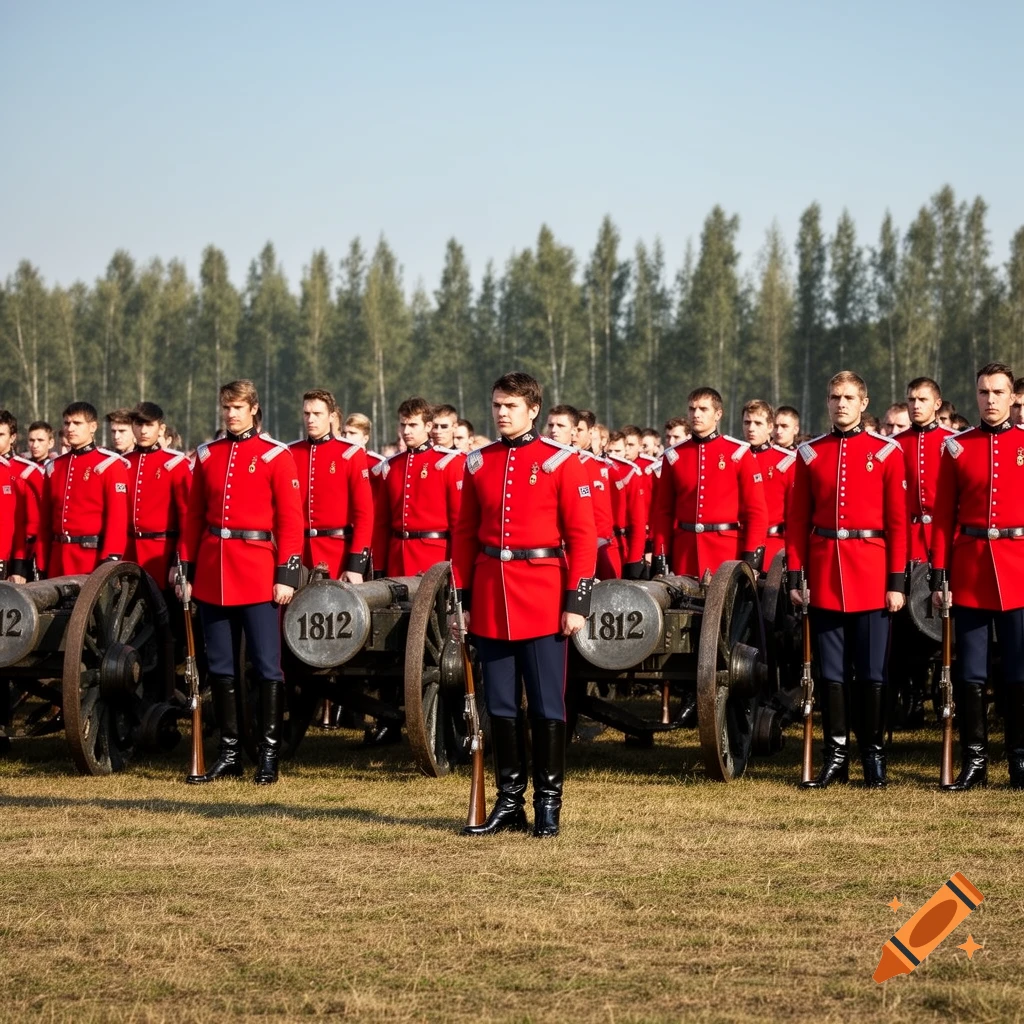 A line of men in red military uniforms stand at attention behind cannons in a grassy field with trees in the background.