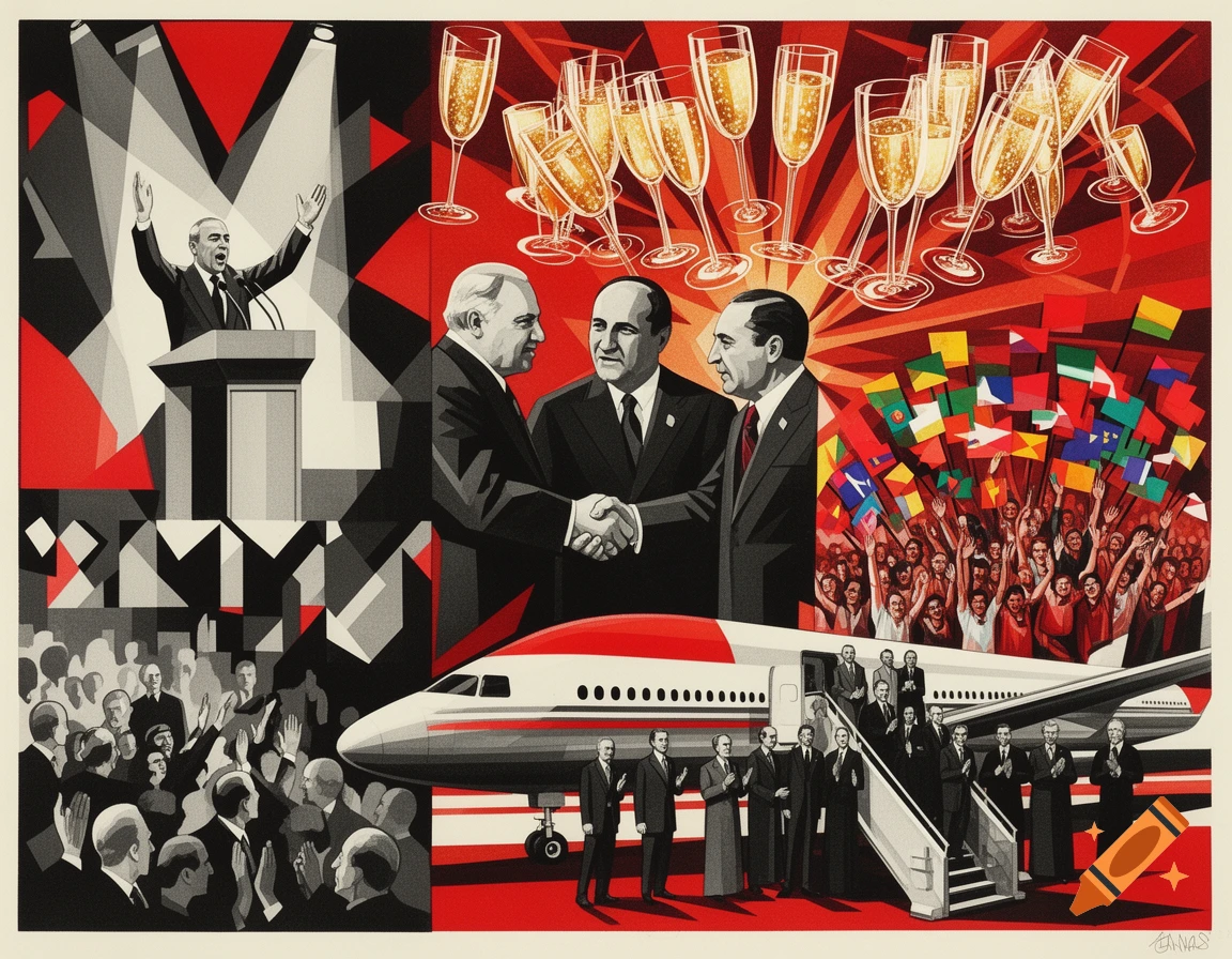 A Russian Constructivism style image depicting a multi-scene state visit: a politician giving a speech, leaders shaking hands, a crowd waving flags, and a delegation by an airplane.