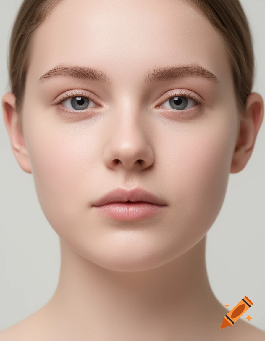 Close-up frontal portrait of a young woman with a neutral expression and clear skin.