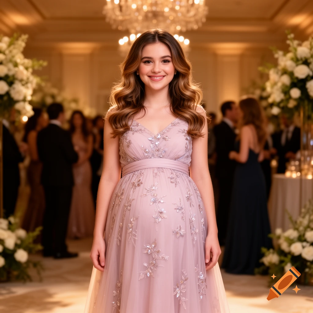 A smiling, pregnant young woman in a pink embroidered gown stands in a luxurious ballroom at a formal event.