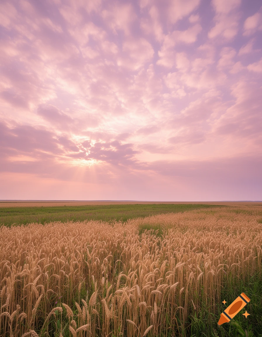 A golden wheat field under a sky filled with pink and purple clouds and sunrays at sunset.