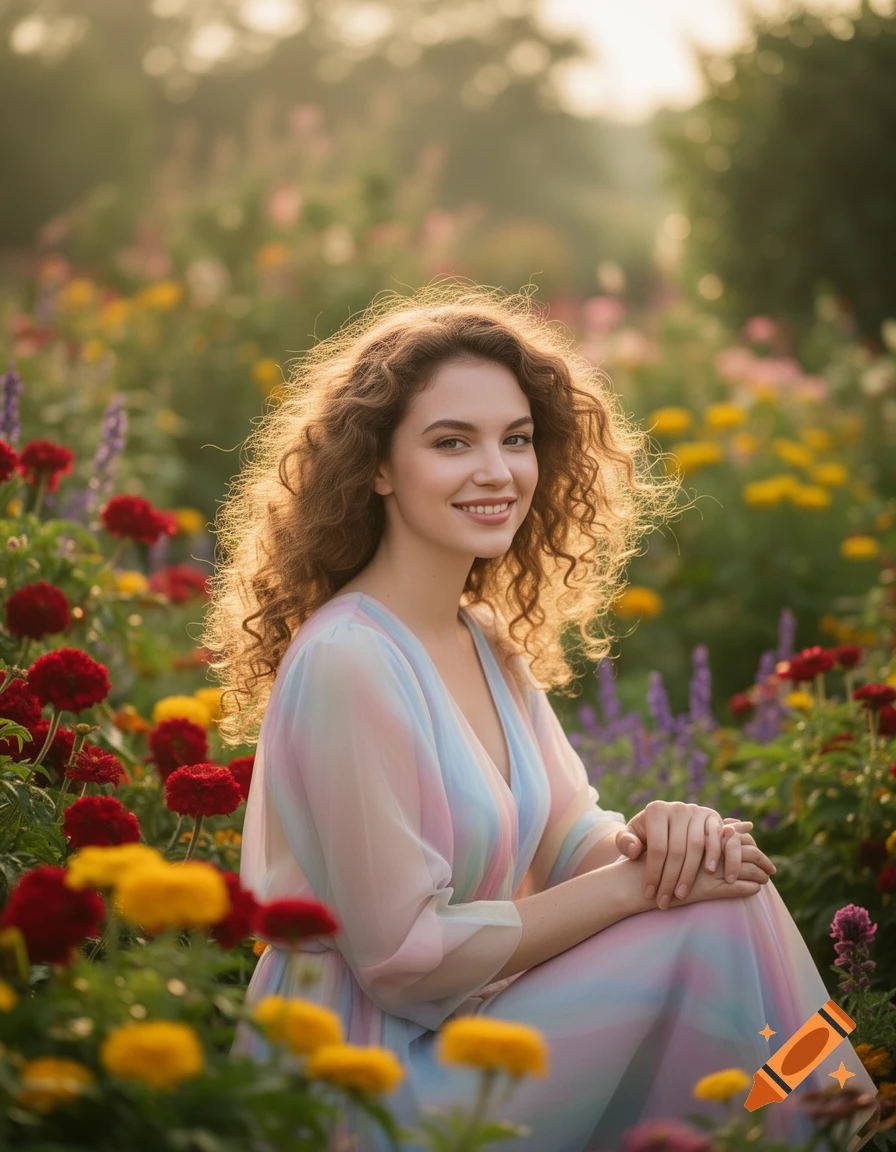 A smiling woman with curly hair sits in a colorful flower field, hands clasped, in a photorealistic style.