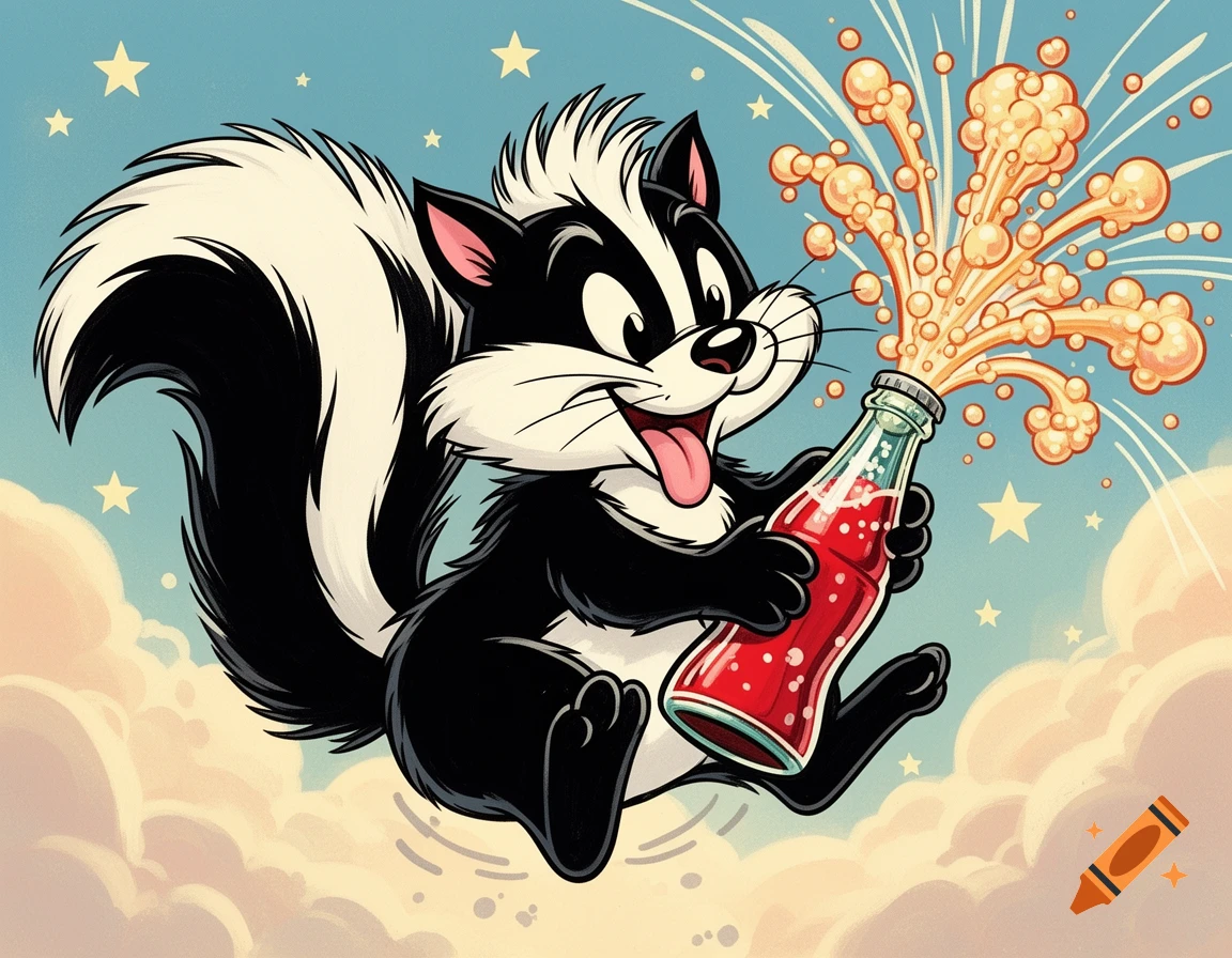 A cheerful skunk in an old cartoon style clings to a bursting red soda bottle amidst clouds and stars.