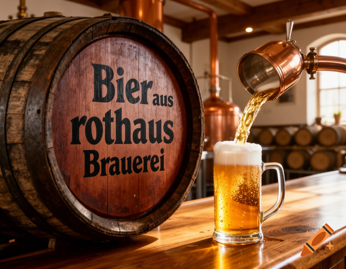 Photorealistic image of beer being poured from a copper tap into a glass mug next to a wooden barrel in a brewery.