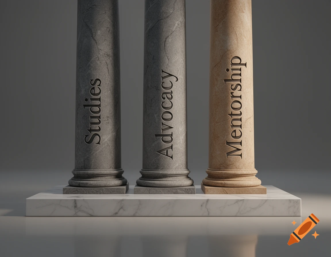 Three textured stone pillars, two grey and one beige, stand on a white marble base, labeled 'Studies', 'Advocacy', and 'Mentorship' respectively.