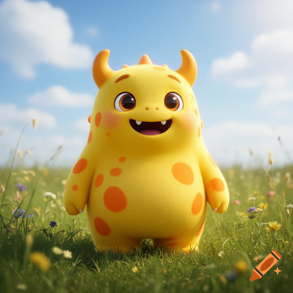 A cute, happy, fluffy yellow monster with orange spots stands in a grassy field under a blue sky, smiling.
