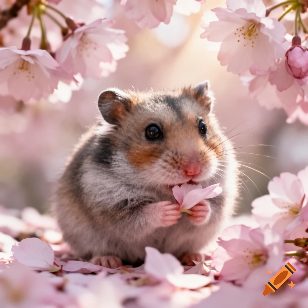 A fluffy dwarf hamster holds a pink cherry blossom petal while sitting among many more petals and blossoms.