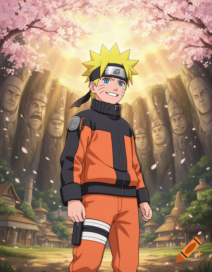 Anime character Naruto stands smiling under pink cherry blossoms, with the Hidden Leaf Village and carved Hokage faces in the background.