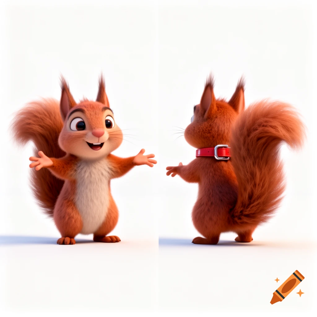 A cute, fluffy orange squirrel wearing a red collar, shown in a front view with arms open and a back view, 3D animation.