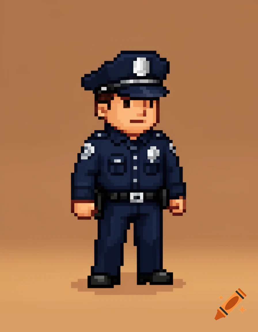 A full-body pixel art sprite of a police officer in a dark blue uniform and cap, standing on a light brown background.