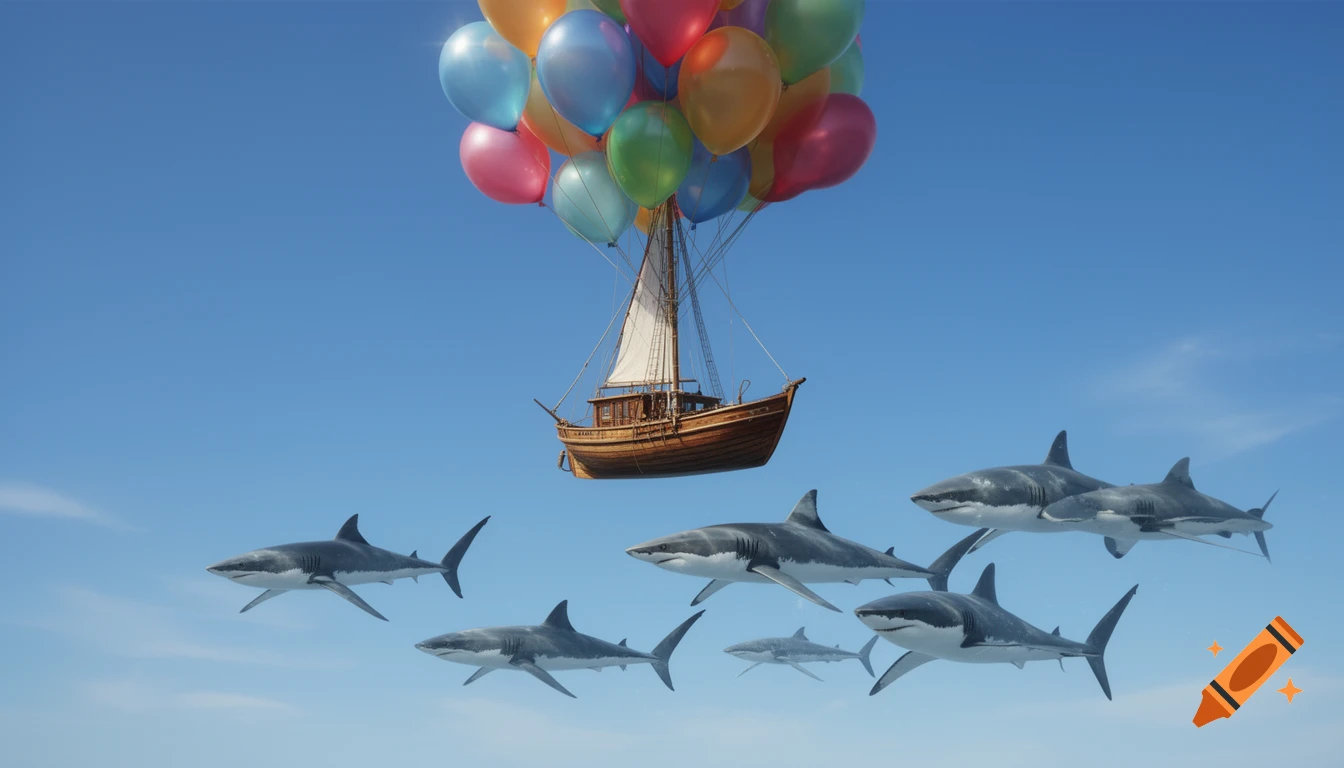 A wooden boat, lifted by a cluster of colorful balloons, floats in a blue sky above several flying great white sharks.
