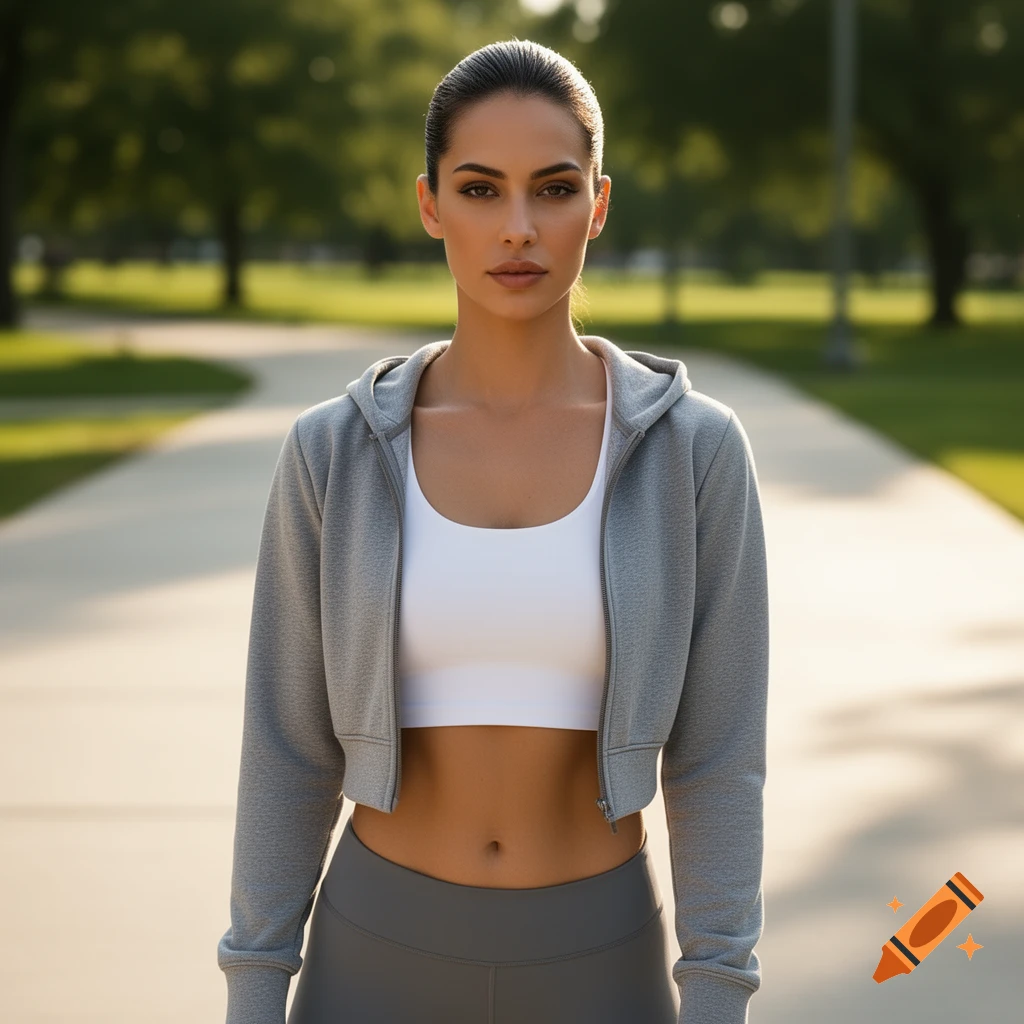 A fit woman in a white sports bra, gray cropped hoodie, and gray leggings stands on a path in a park.