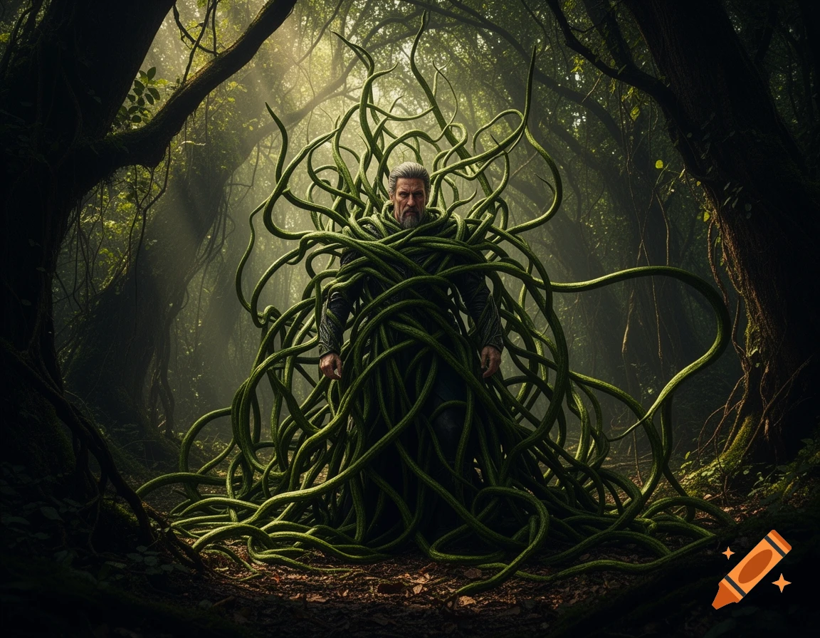 A man with a beard stands in a dense, dark forest, enveloped by a thick tangle of vibrant green vines.