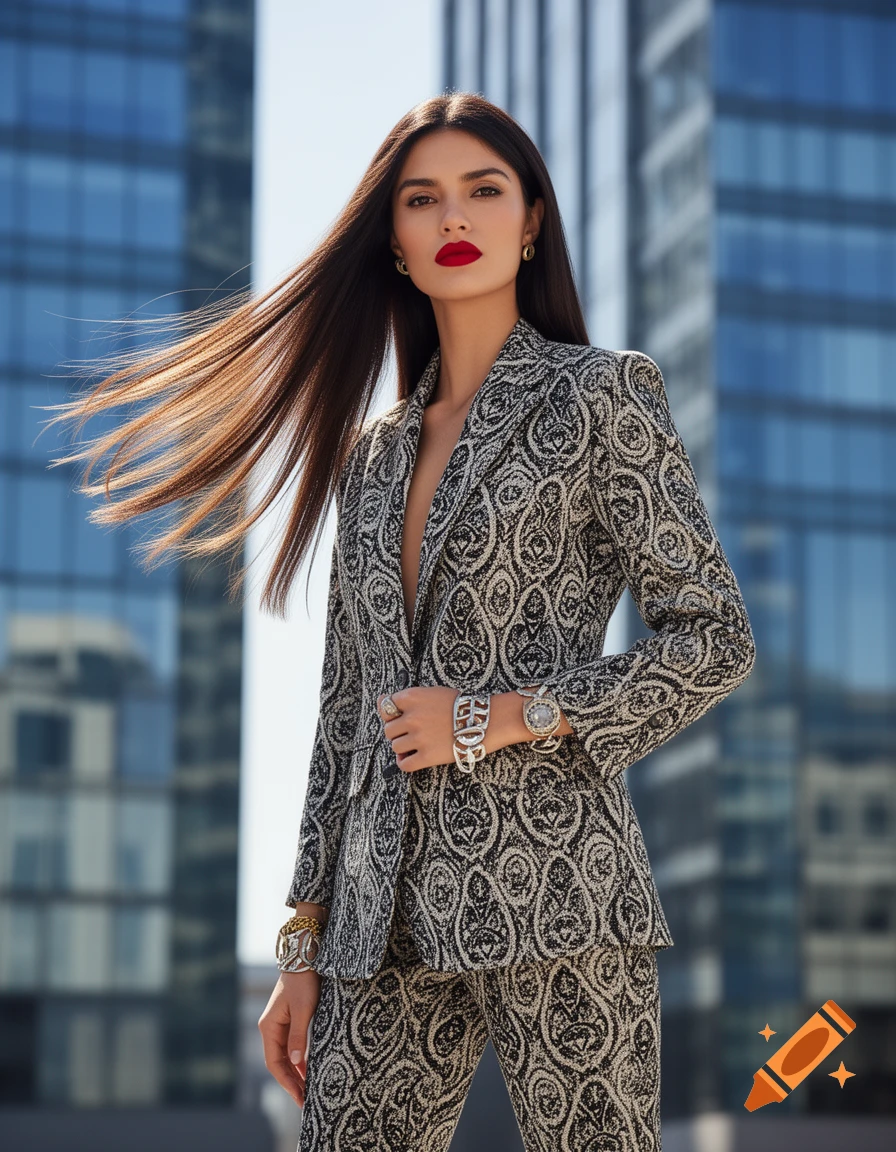 A stylish woman with long dark hair, wearing a patterned pantsuit, stands outdoors in front of modern glass buildings.