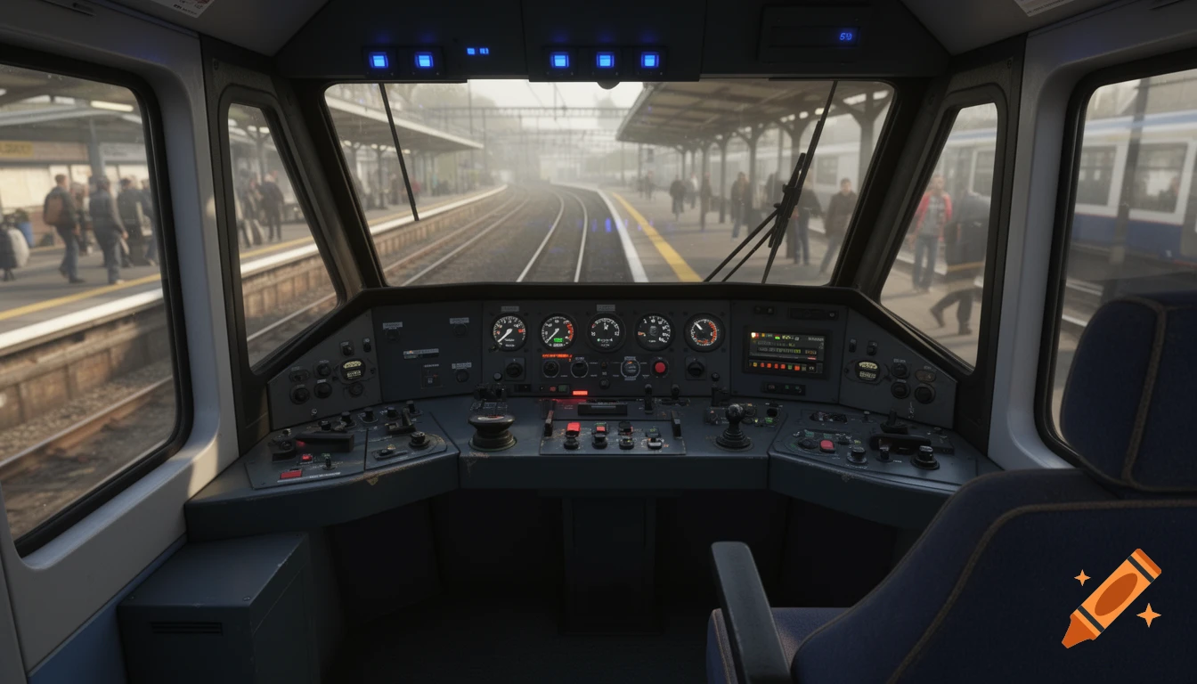 The interior of a train's cockpit, with a dashboard full of gauges and controls, looking out at a misty train station platform with passengers.