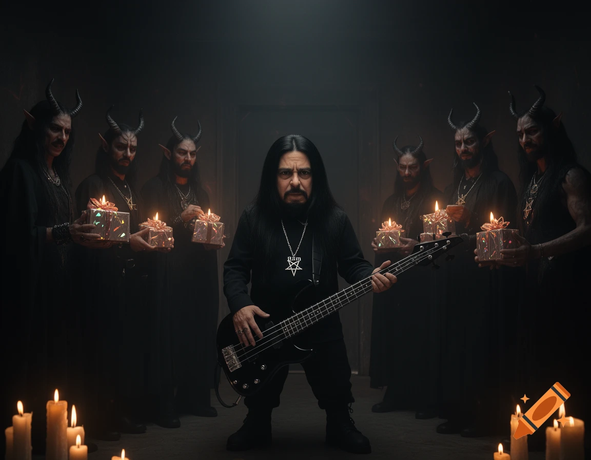 A man with an inverted pentagram necklace and a bass guitar stands among six horned, demon-like figures holding glowing gifts in a dark room with candles.
