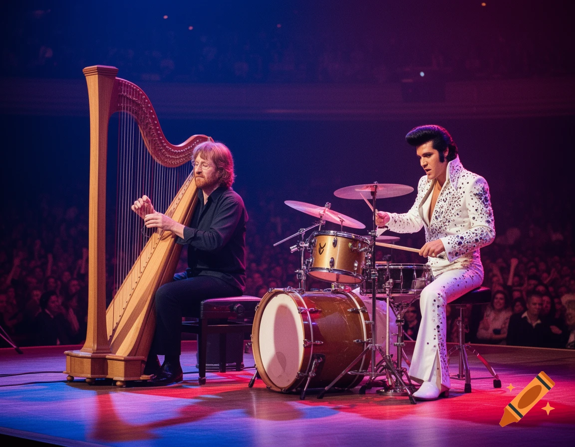 A man plays a harp next to another man dressed as Elvis playing drums on a stage in a vibrant, colorful concert hall.