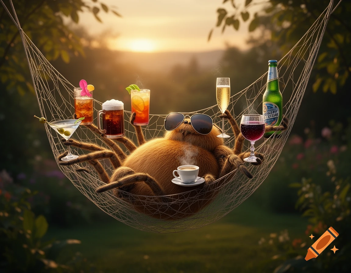 A whimsical, photorealistic image of a fat spider wearing sunglasses, relaxing in a spiderweb hammock at sunset with multiple drinks.