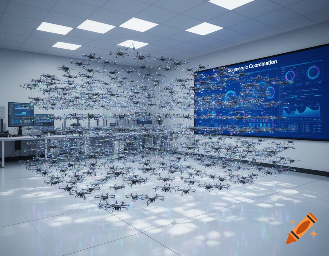 A modern lab room filled with hundreds of small drones, with a large screen displaying 'Stigmergic Coordination' and data visualizations.