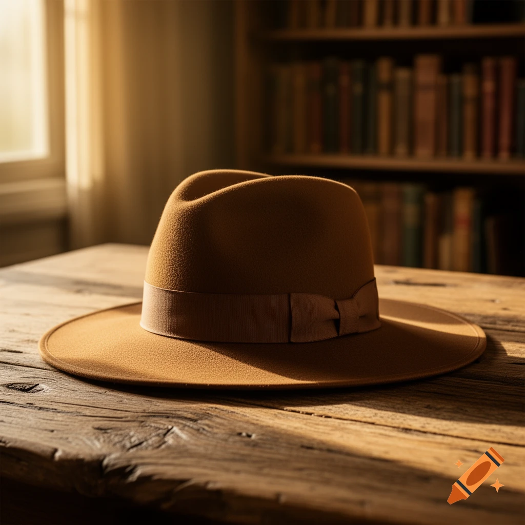 A brown felt fedora hat with a ribbon band rests on a wooden table, bathed in warm sunlight, with a blurred bookshelf in the background.