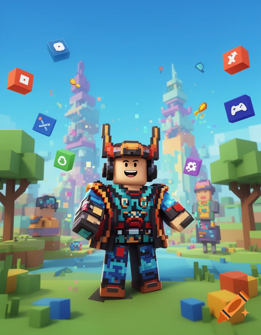 A blocky Roblox character in a colorful world with floating icons and block structures.