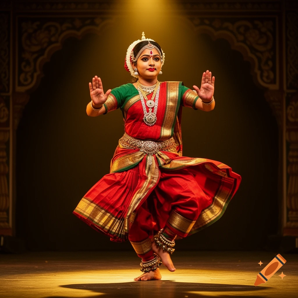 A classical Indian dancer in a red and green costume with ornate jewelry poses on a stage under a spotlight.