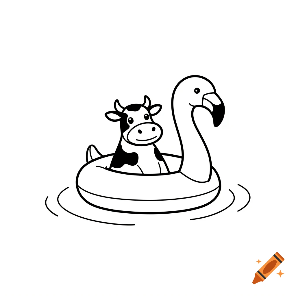 An outline drawing of a happy cartoon cow in a flamingo pool float, floating on water.