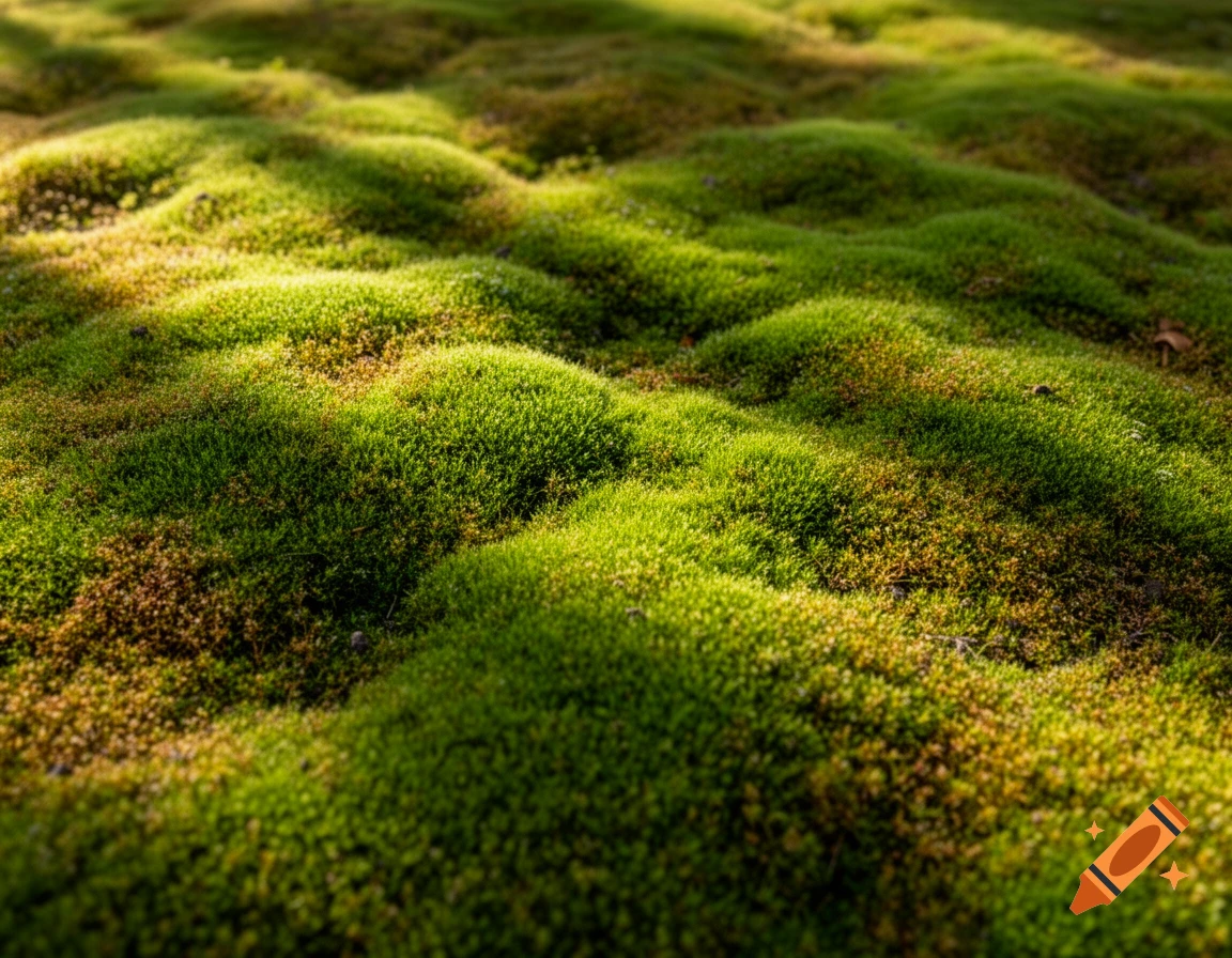 A close-up, ground-level view of vibrant green moss growing in bumpy, undulating mounds, with sunlight highlighting various patches.