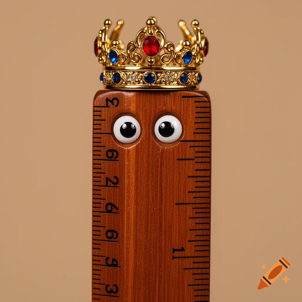 A brown wooden ruler with googly eyes wears a golden crown adorned with red and blue jewels, against a tan background.