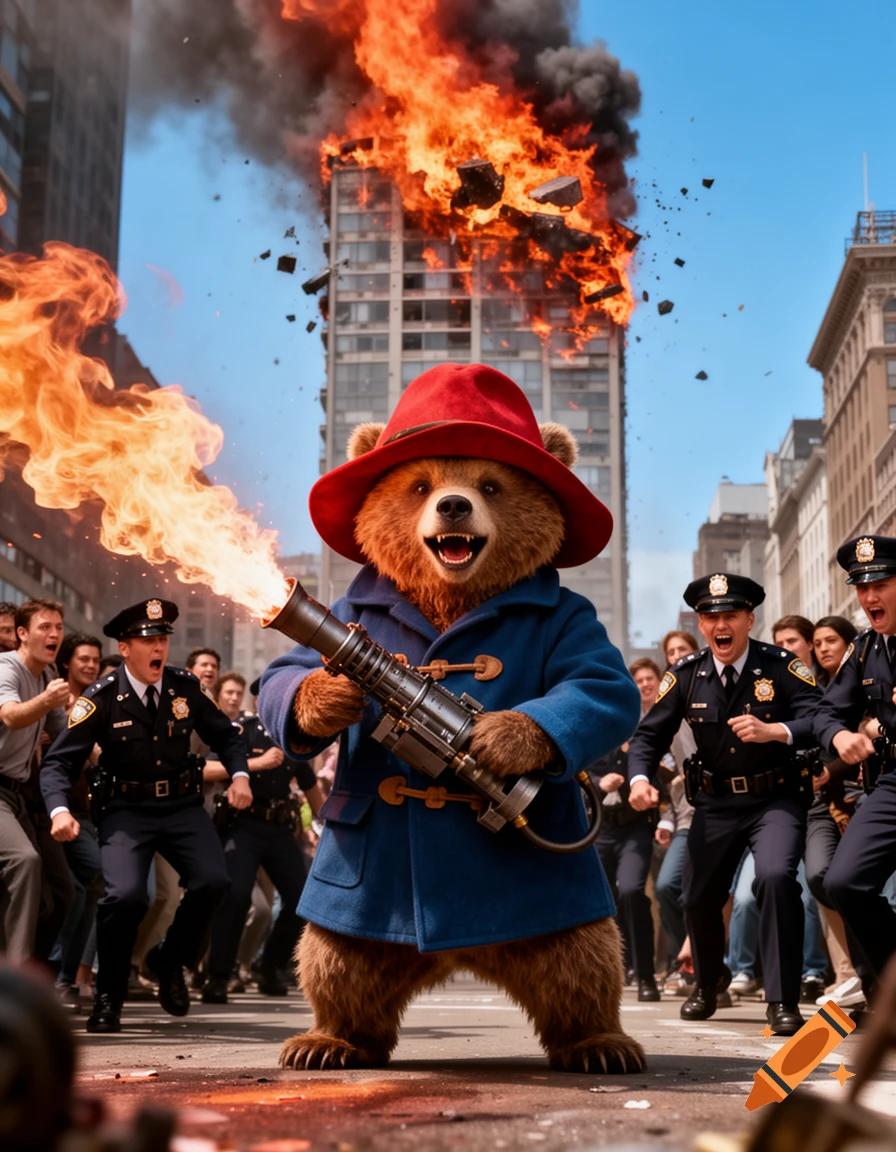 Paddington Bear in a red hat and blue coat wields a flamethrower on a city street, as a building burns and police officers run towards him.