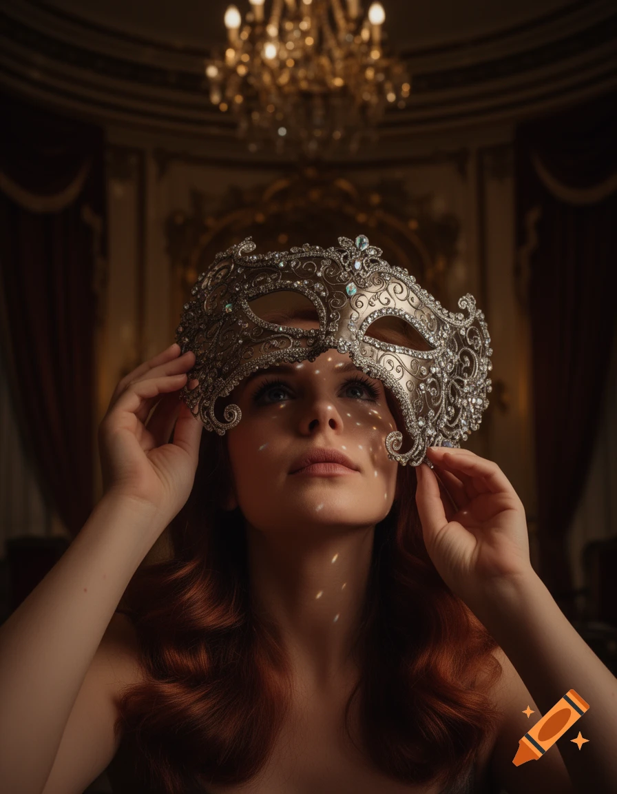 A woman with red hair holds an ornate silver masquerade mask to her face, looking up in a dimly lit, luxurious room with a chandelier.