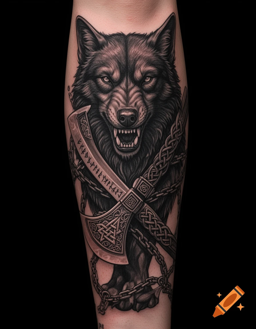 Detailed blackwork tattoo on an arm, featuring a snarling wolf's head, a Norse axe with runes and Celtic knot patterns, and chains.