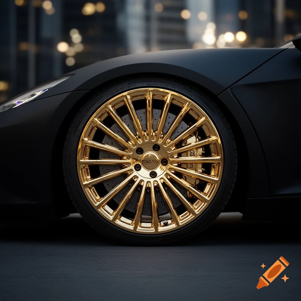 Close-up of a black car's golden multi-spoke wheel and brake caliper against a blurry city background.