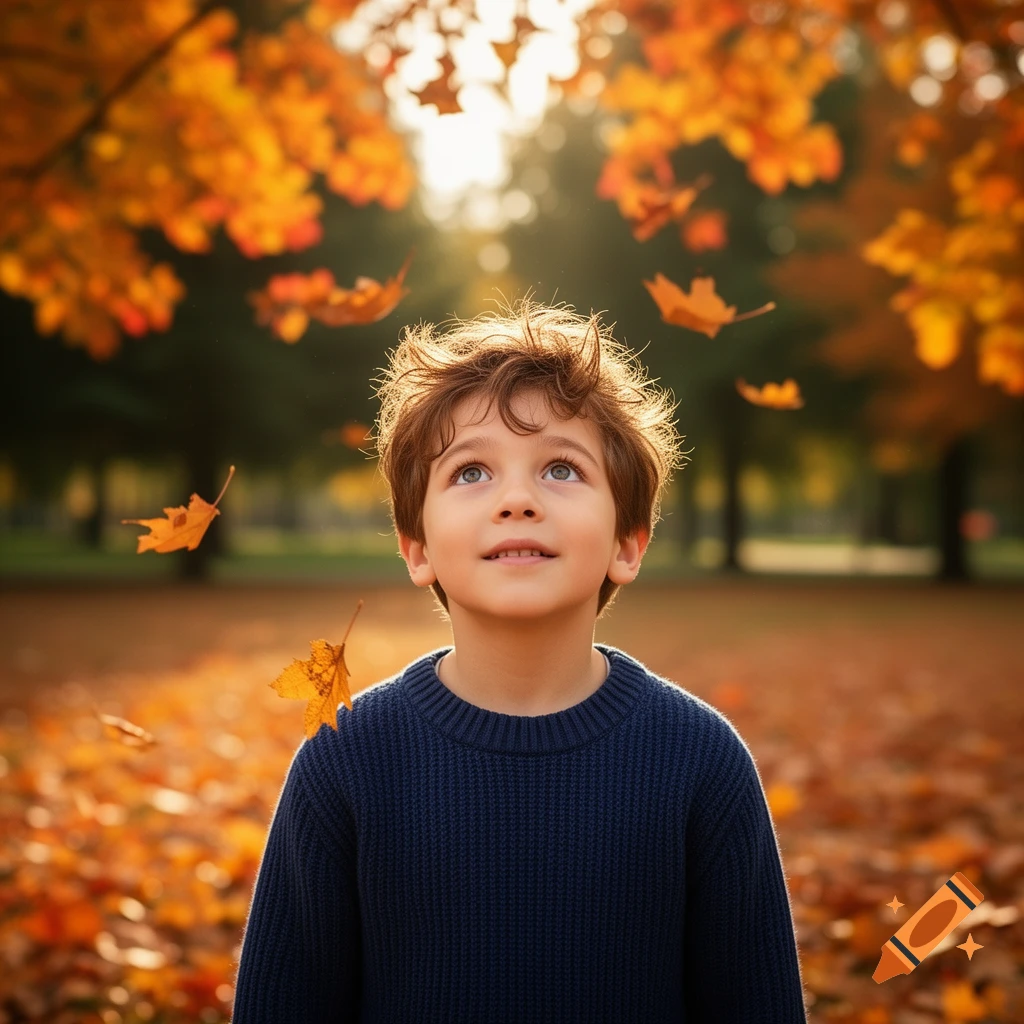A photorealistic image of a young boy with curly brown hair, looking up in an autumn park with falling orange leaves.